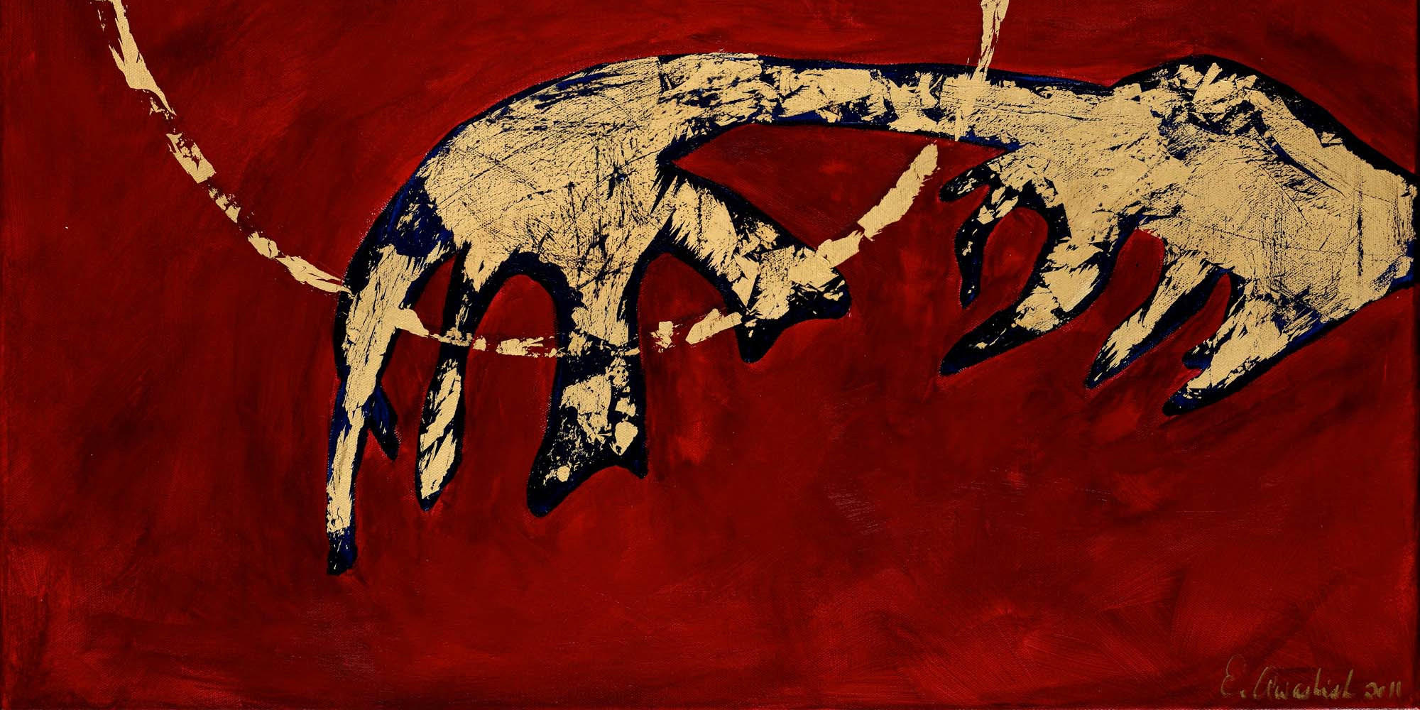 Peinture abstraite d'une forme dorée sur fond de rouge sang