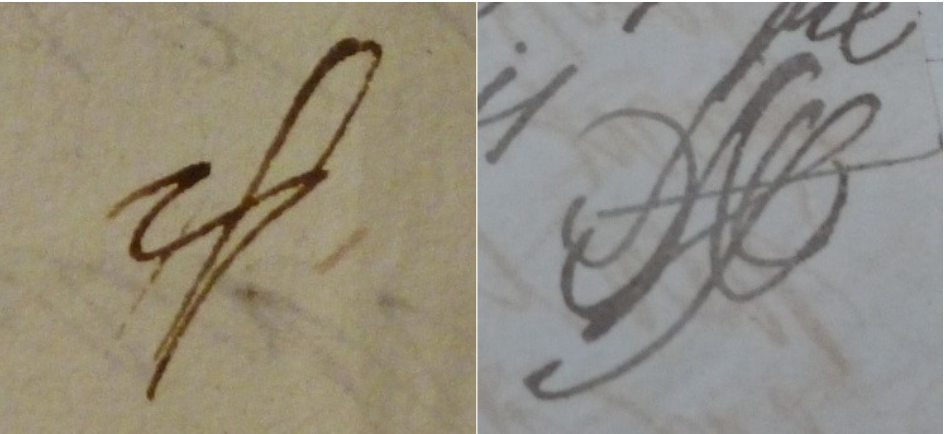 Paraphes de la duchesse de Châtillon (à gauche, le paraphe simple ; à droite le paraphe élaboré)