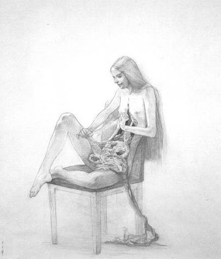 Dessin au crayon d'une jeune fille nue assise sur une chaise et dont le ventre ouvert laisse s'échapper les viscères