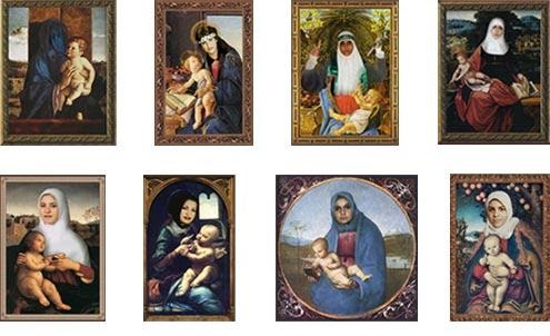 Huit tableaux de Vierge à l'enfant sont réunis; les différents visages de la Vierge ont été remplacés, par un montage, par d'autres visages de femmes photographiés