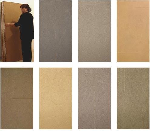 Huit rectangles de différentes couleurs; sur le premier, une femme se tient debout, manipulant un grand panneau brun