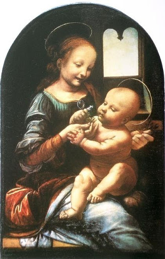 Tableau d'une Vierge à l'enfant (Marie assise, vêtue de bleu, tenant sur ses genoux un petit bébé Jésus, nu; tous les deux ont une auréole))