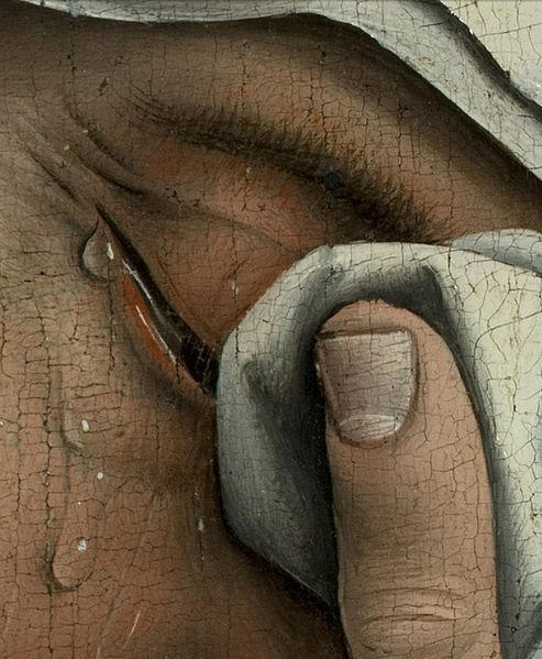 Un oeil duquel coule des larmes est essuyé par un tissu blanc. Il s'agit d'un détail d'un tableau.