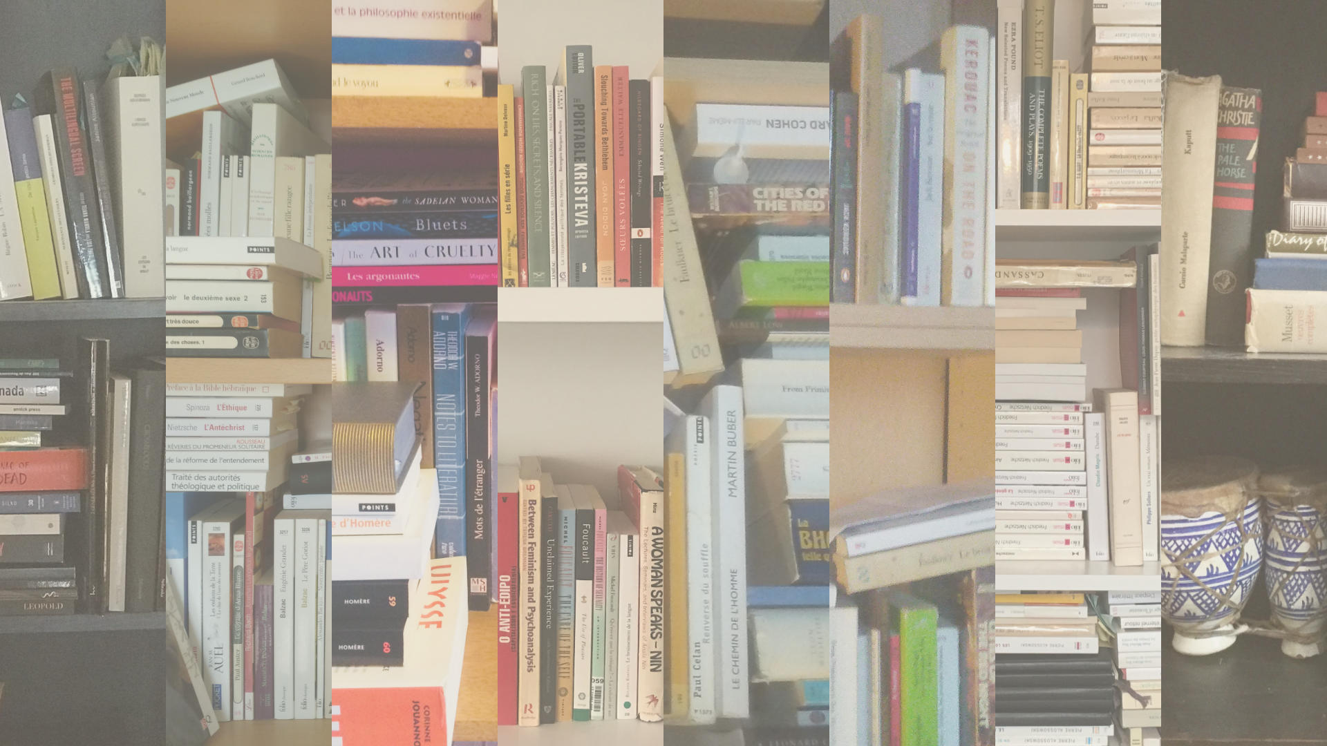 Collage de photographies représentant des fragments de bibliothèques pleines de livres