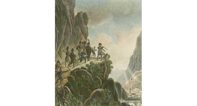 Peinture représentant une falaise le long de laquelle marchent des personnages coiffés de chapeaux