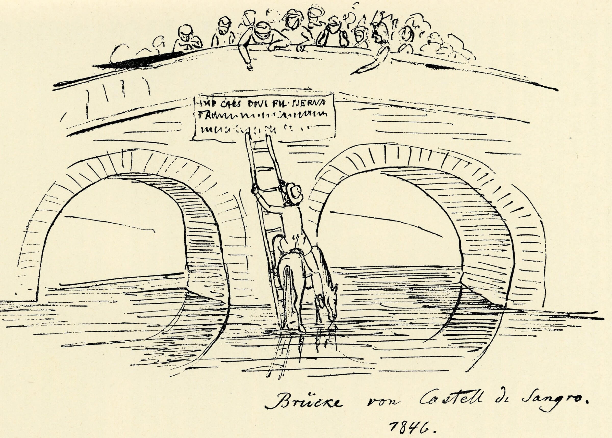 Croquis d'un pont ancien, où se trouve une inscription gravée. Une personne grimpe une échelle appuyée sur le pont. Une foule de gens la regarde du haut du pont.
