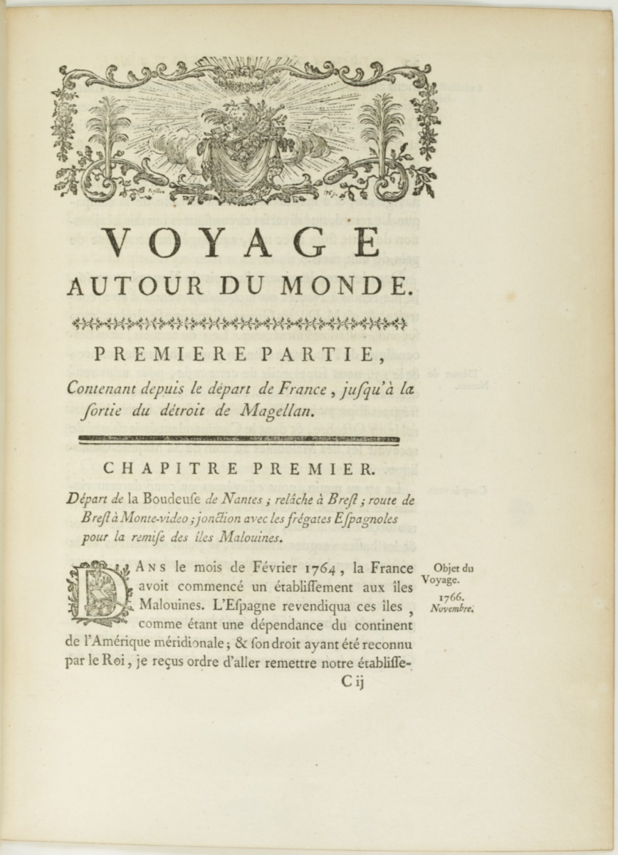 Première page de Voyage autour du monde de Bougainville.