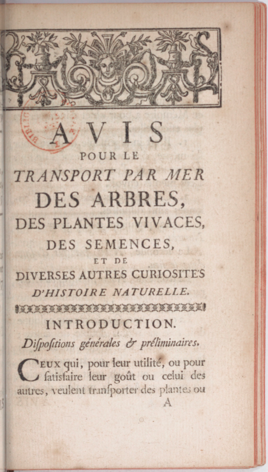 Première page d'un traité pour le transport des plantes et arbres.