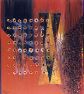 Oeuvre abstraite, formes géomotriques, représentations de points, bleu et orange.