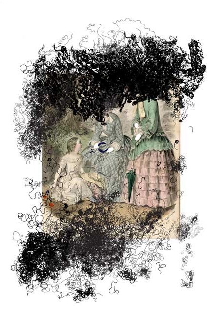 Portrait de deux femmes et d'une jeune fille. Le visage des deux premières est brouillé pour des traits noirs.