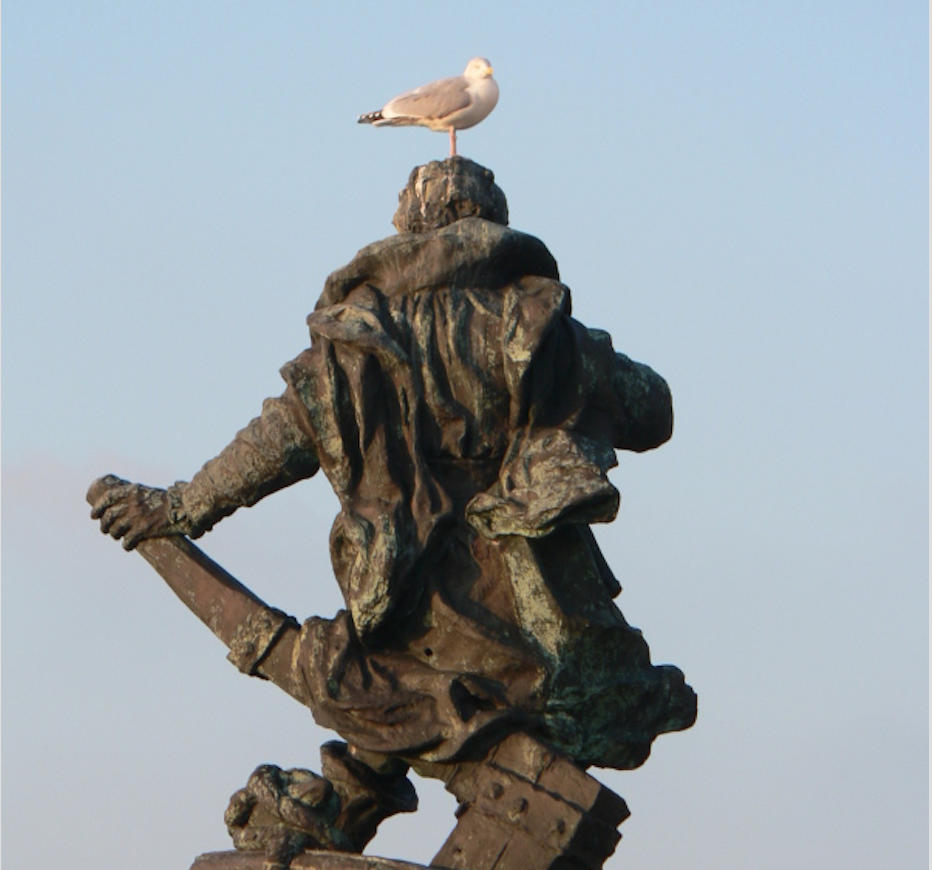 Statue vue de dos, sur la tête de laquelle est perchée une mouette