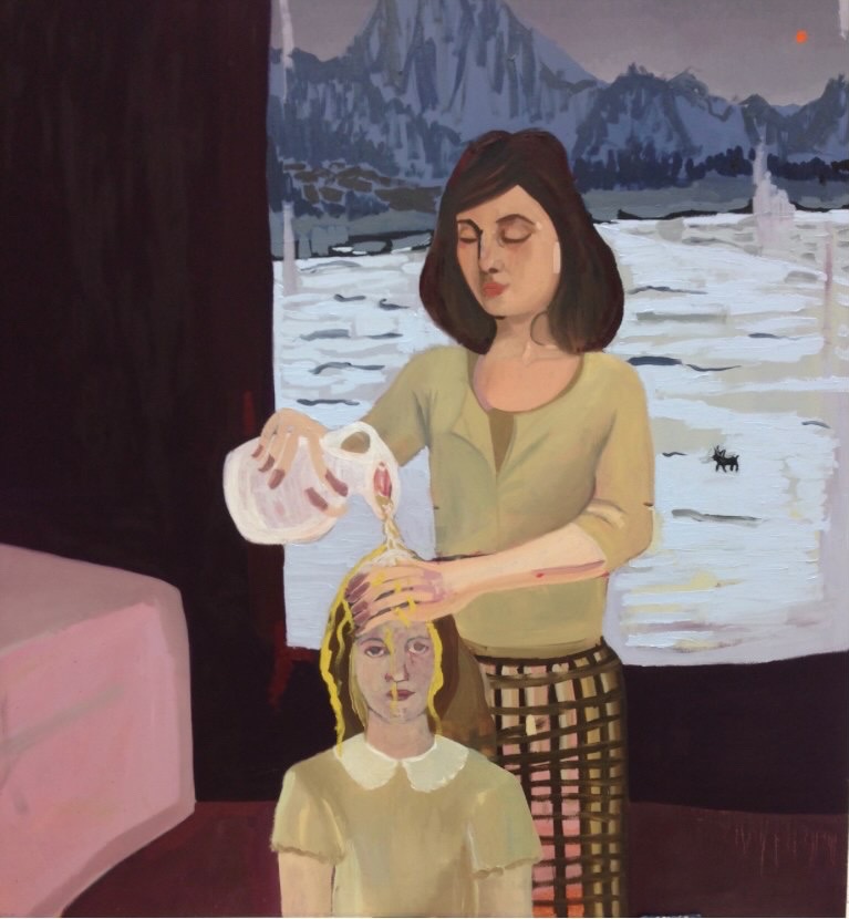 Peinture d'une femme versant du liquide à l'aide d'une cruche sur la tête d'une petite fille